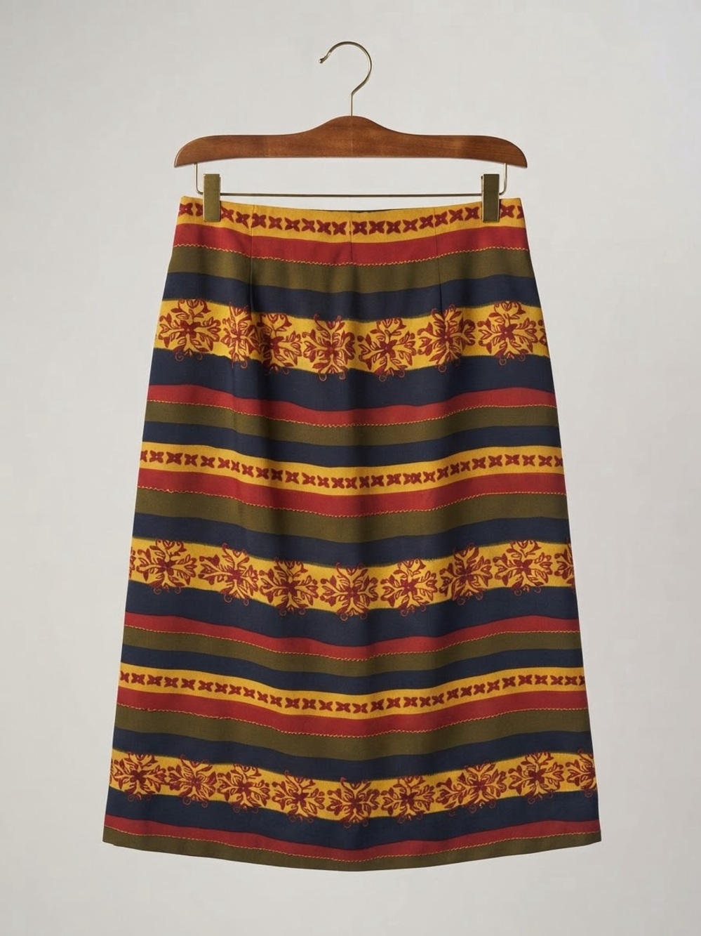 Chaus Striped Floral Midi Skirt in Gold, Navy & Red
